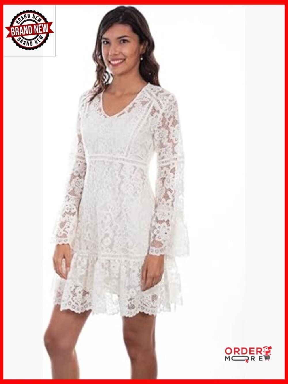 Long Sleeve Lace A-Line Dress with Scalloped Bell Sleeves